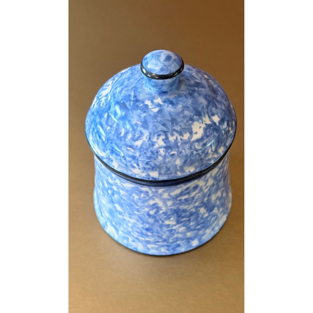 Stangl Town and Country Blue Spongeware Lidded Sugar Bowl Hand Painted Ceramic